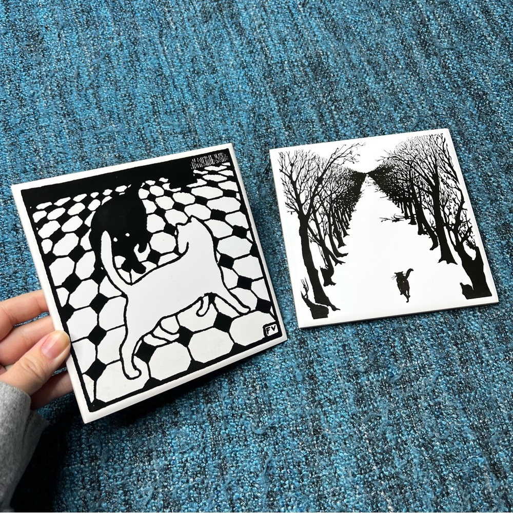 Vintage FV Black White Cat Tiles Set of Two 6"x 6" Wall Hanging Porcelain Trivet